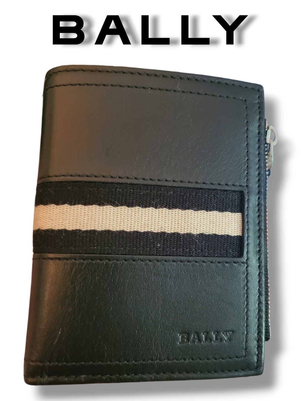 Authentic Bally Black Leather Striped Bifold Compact Wallet with Side Zip